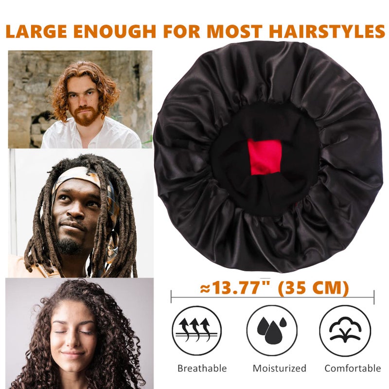 Himoswis Bonnet for Men Hair Bonnet for Sleeping Double Layer Satin Bonnets for Black Women Curly Hair Braids Reversible Sleep Cap (Large Black/Burgundy) - Image 3